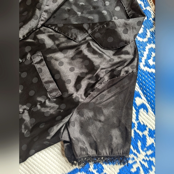 Silky Satin Black Polka Dot Short Sleeve Button Up and Shorts Set with Lace Trim - Picture 5 of 8